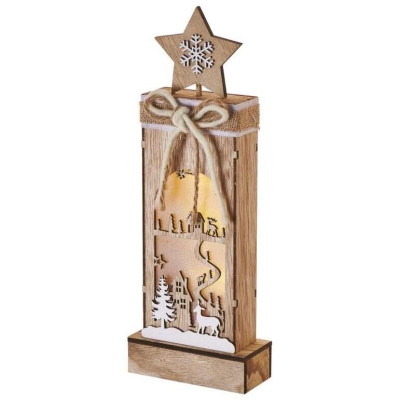 LED dekorácia drevená – zimná krajina, 34 cm, 2x AA, vnútorná, teplá biela, časovač